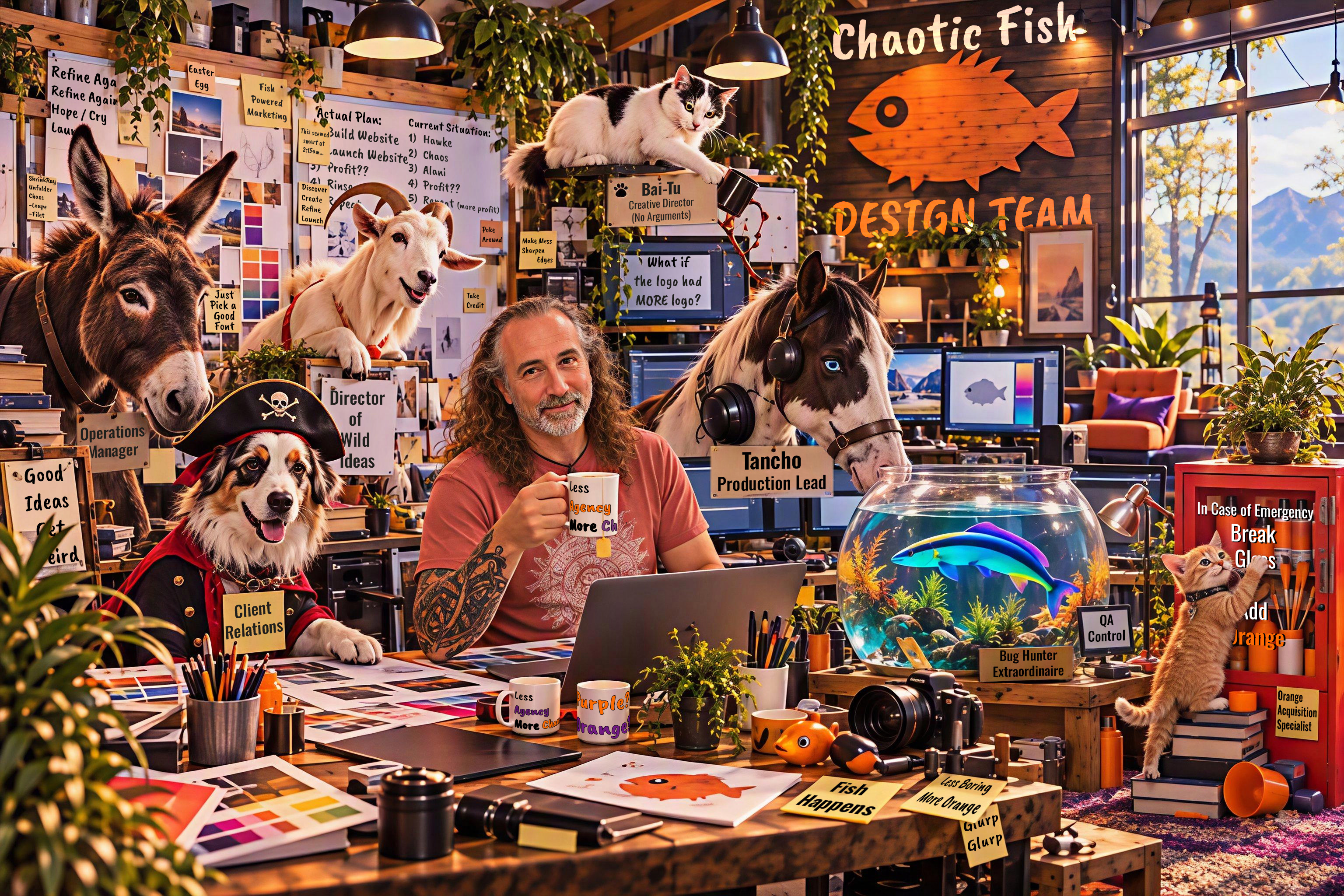 Mr. Fishie at a cluttered studio desk, surrounded by the team: a donkey, a goat, a dog in a pirate hat and red coat, a black-and-white cat perched on the monitors, a cleaner wrasse in a fish tank, an orange kitten trying to open a case of more orange, and a paint horse wearing headphones, all amid sticky notes, coffee mugs, and design books.